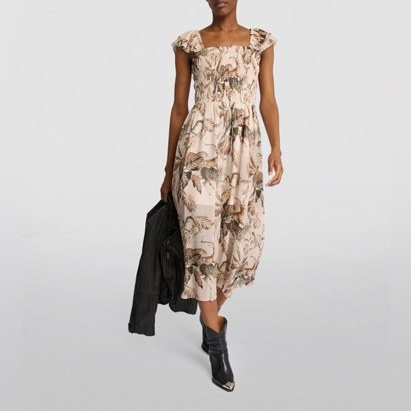 All Saints Dresses & Skirts - ALLSAINTS Mali Ukushisa Midi Dress Smocked Ruffle Safari Animal Print Size 10